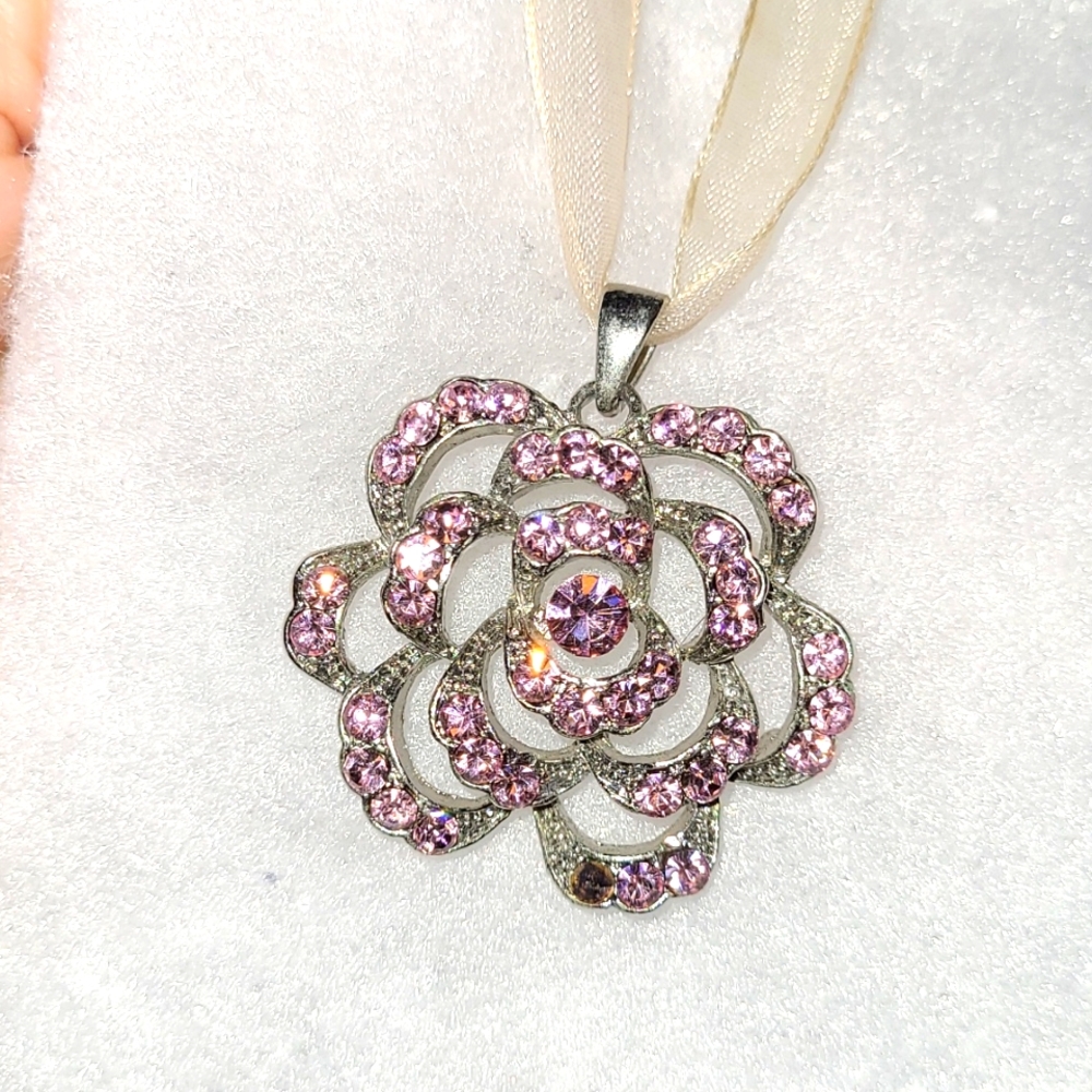 Vintage Floral Rose Pendant Statement Necklace Pink Crystal Rhinestones, Ribbon